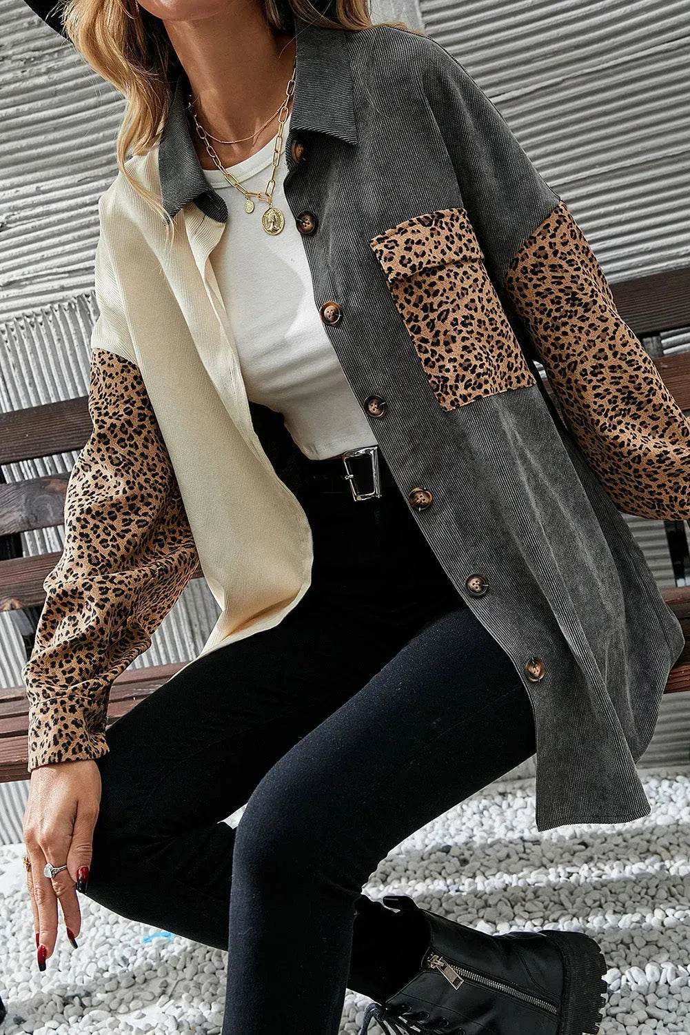Leopard Button Up Drop Shoulder Jacket - Bona Fide Fashion