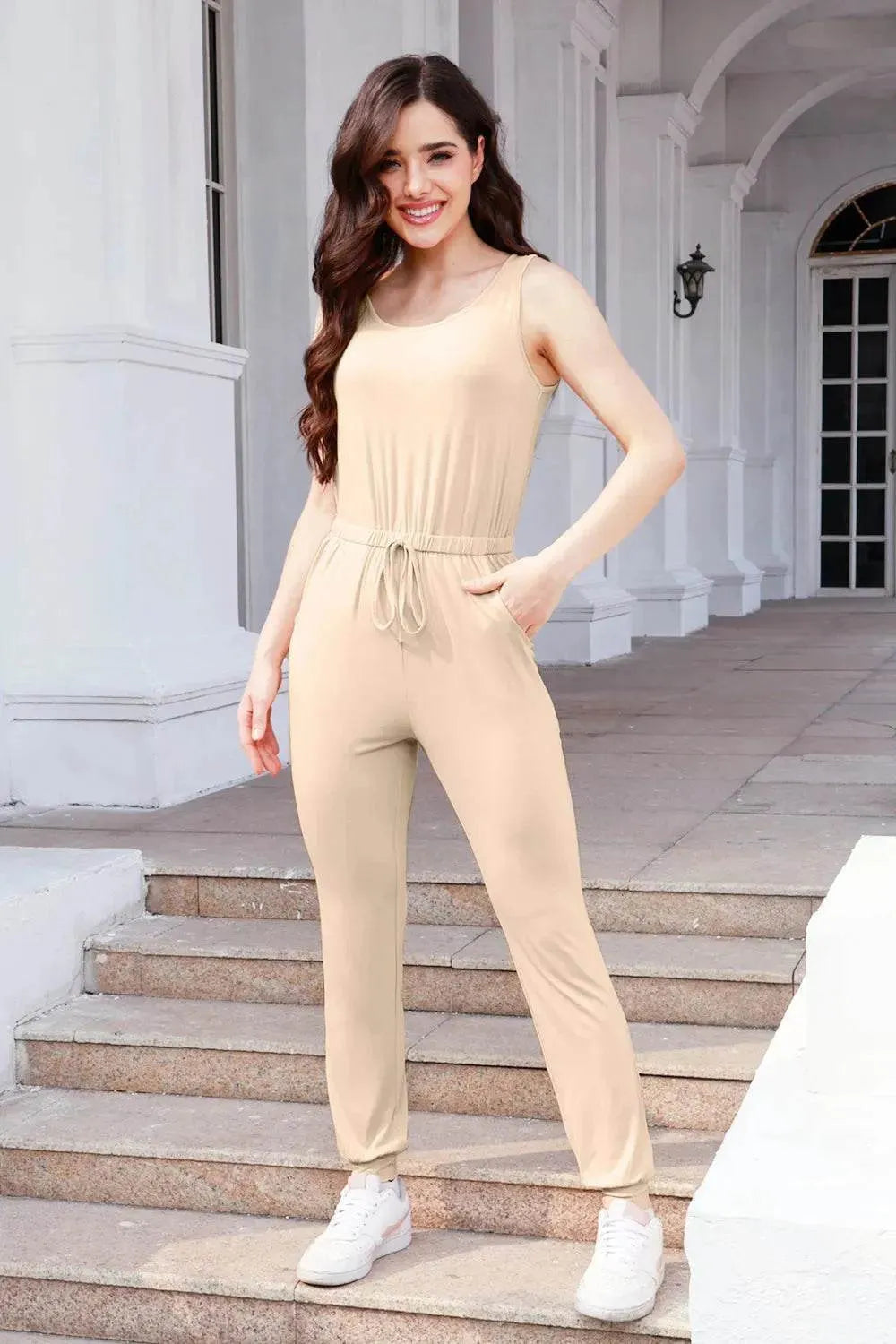 Drawstring Round Neck Sleeveless Jumpsuit - Bona Fide Fashion