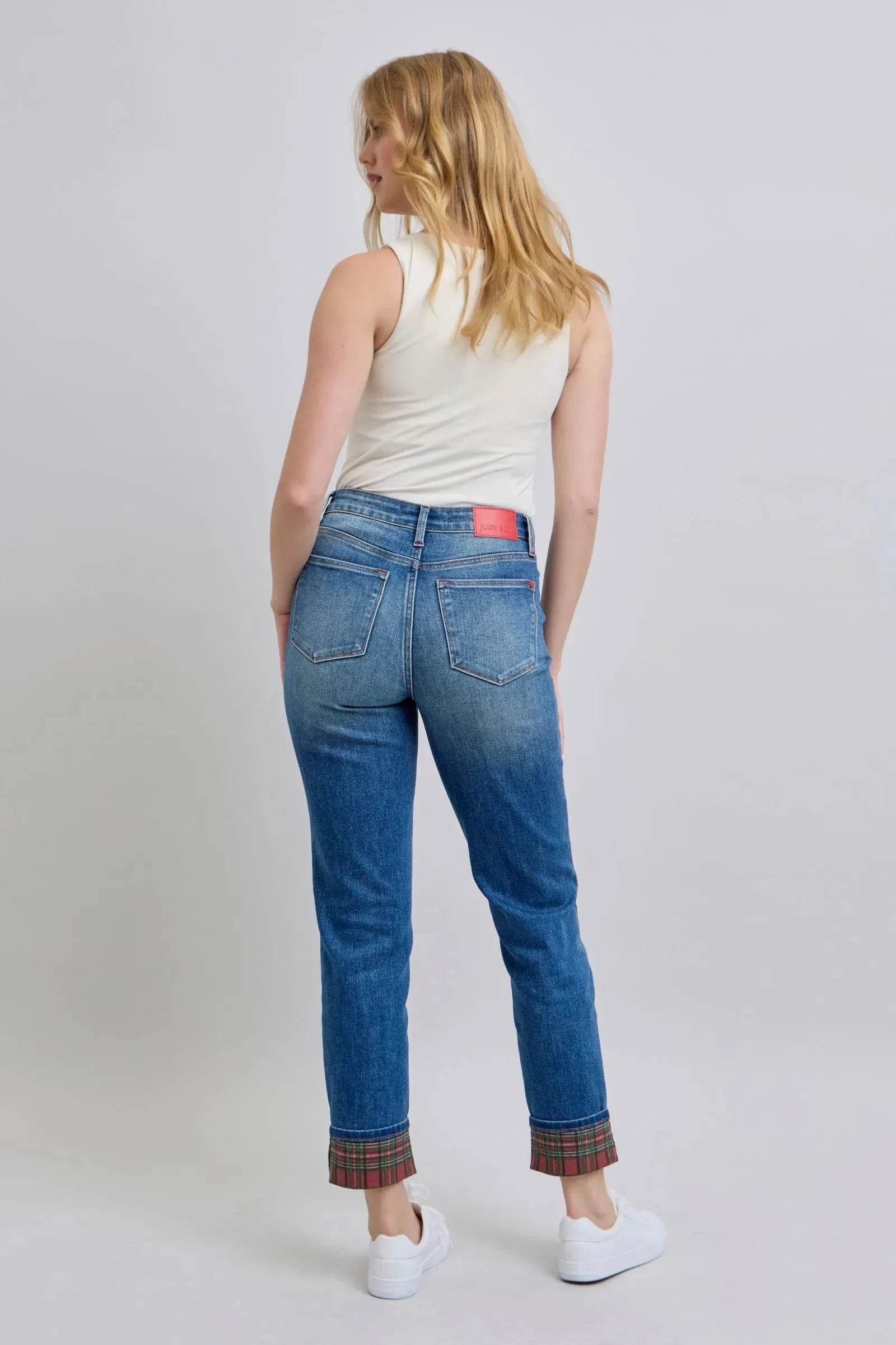 Judy Blue Full Size Plaid Print Cuff Straight Leg Jeans with Pockets - Bona Fide Fashion