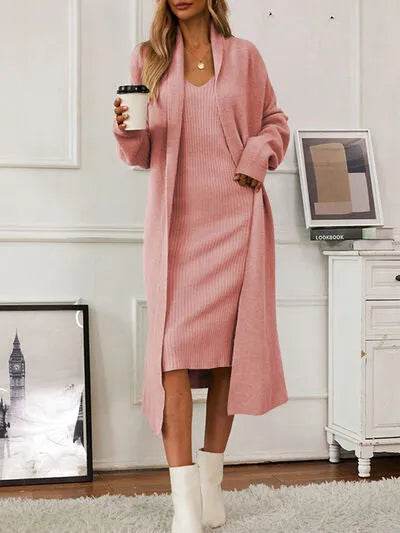V-Neck Cami Dress and Open Front Cardigan Sweater Set - Bona Fide Fashion