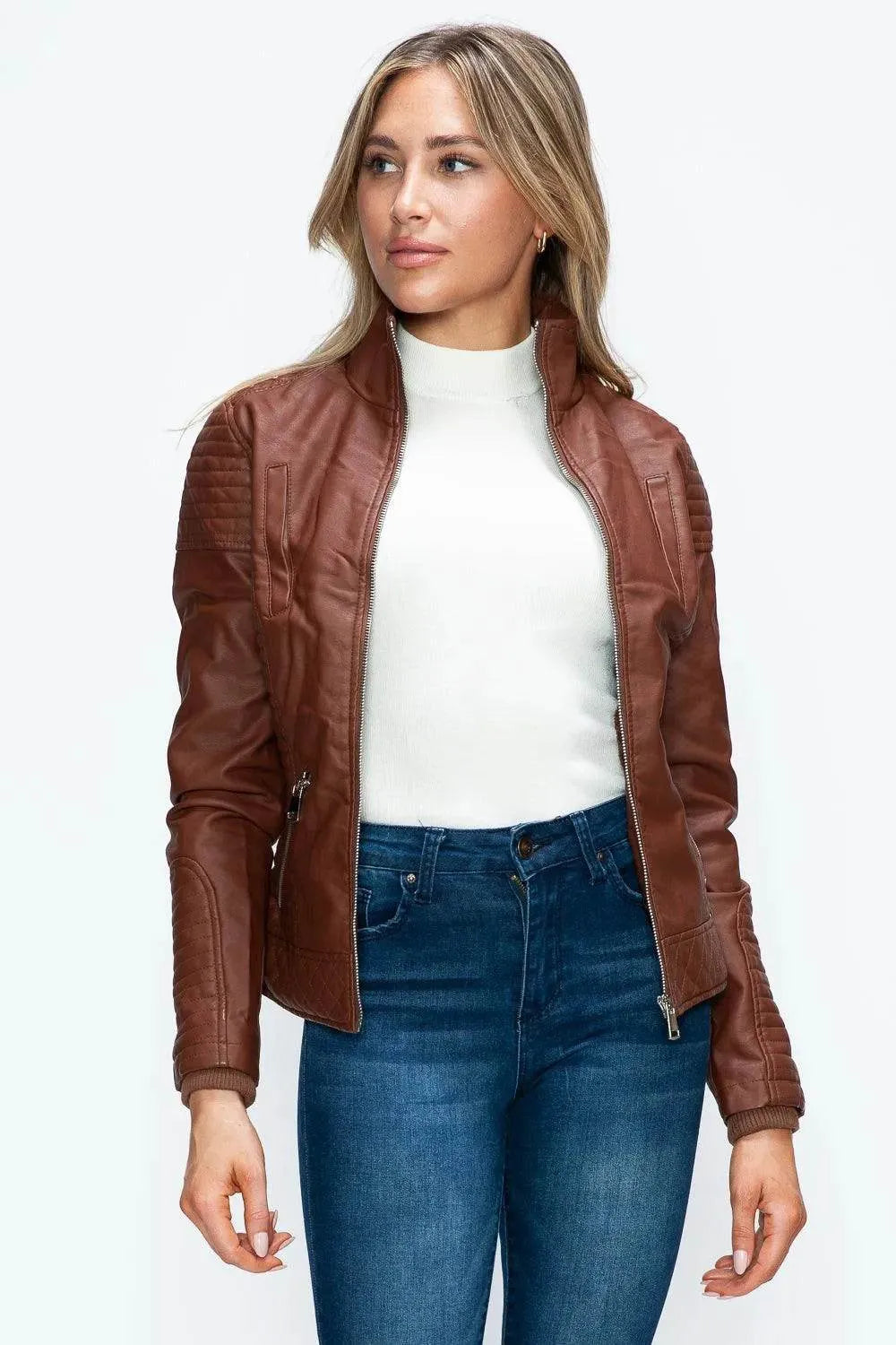YMI Faux Layered Double-Zipper Jacket with Fuzzy Hood - Bona Fide Fashion