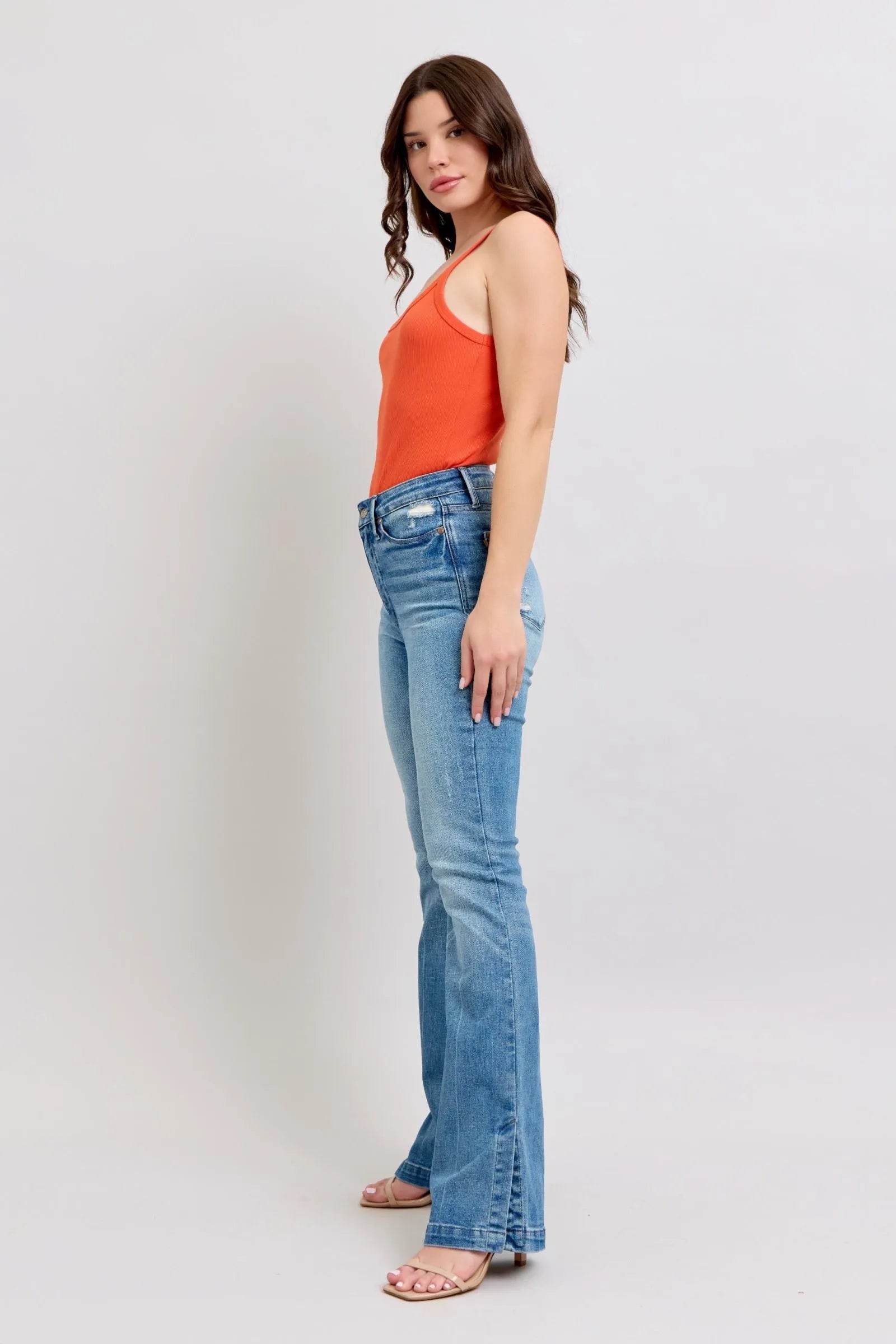 Judy Blue HW Tummy Control Vintage Wash Side Slit Slim Boot Jeans - Bona Fide Fashion
