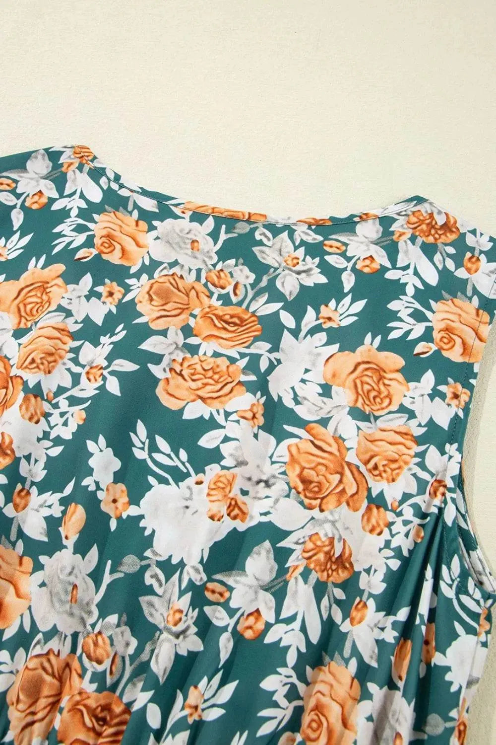 Floral Print Trimmed V Neck Tie Waist Sleeveless Dress - Bona Fide Fashion