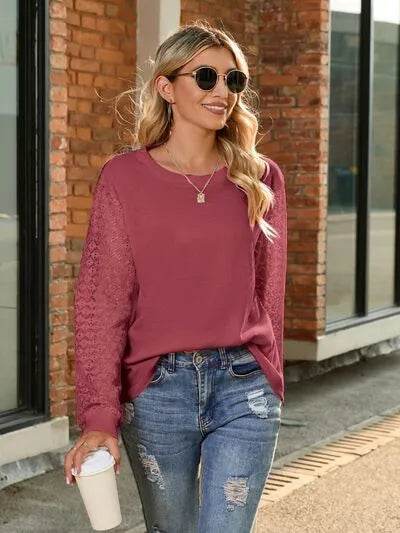 Full Size Round Neck Lace Long Sleeve T-Shirt Plus Size - Bona Fide Fashion