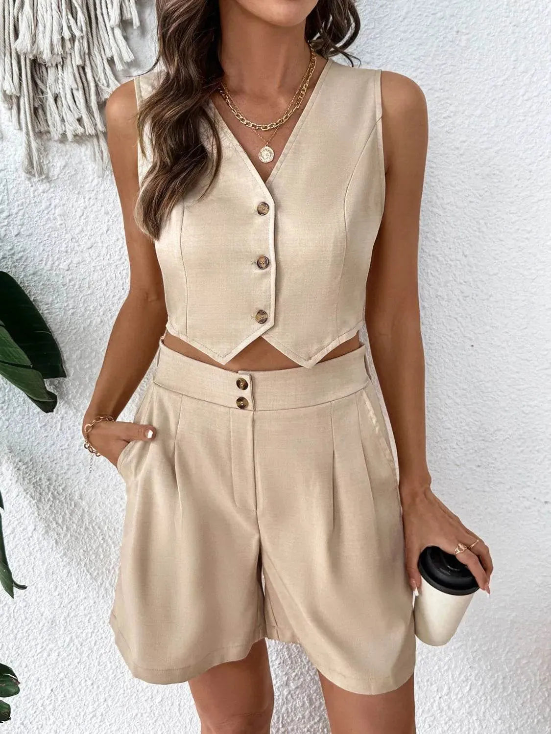 V-Neck Vest and Shorts Set - Bona Fide Fashion