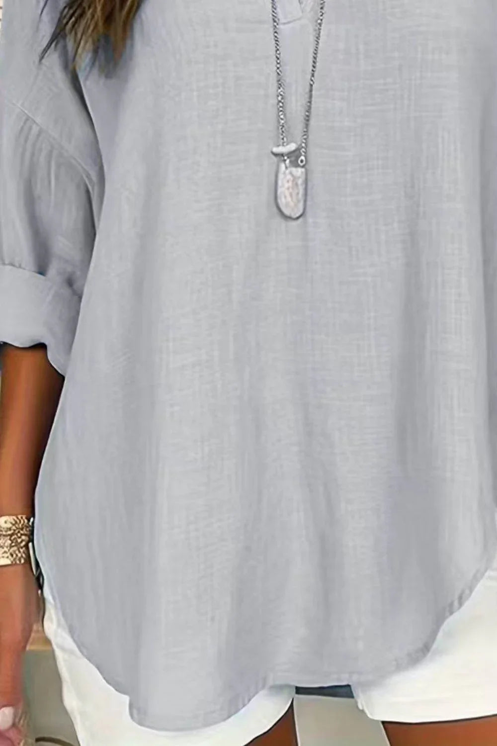 Solid Color Notched Long Sleeve Blouse - Bona Fide Fashion
