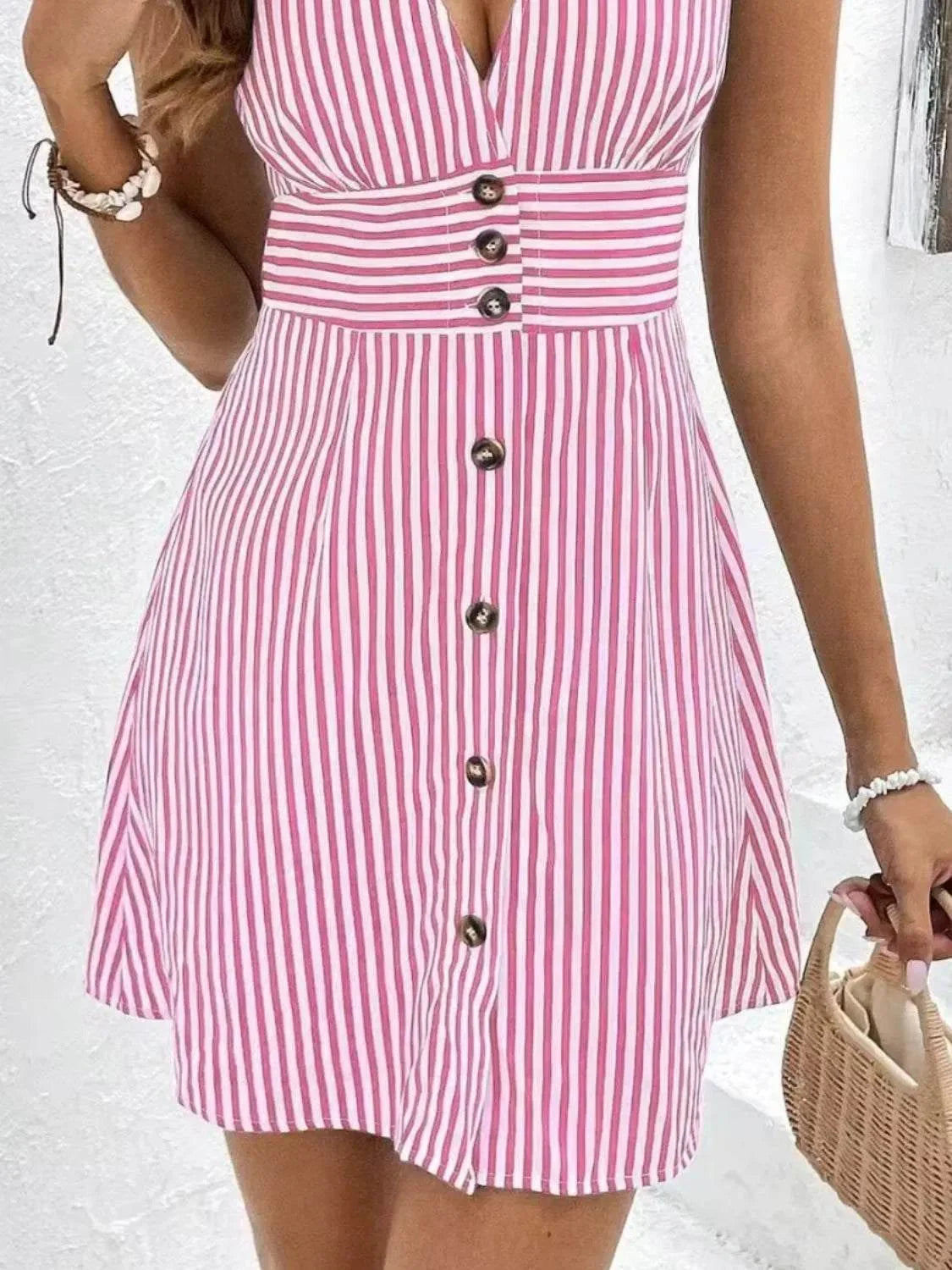 Striped Button Front Cap Sleeve Dress - Bona Fide Fashion