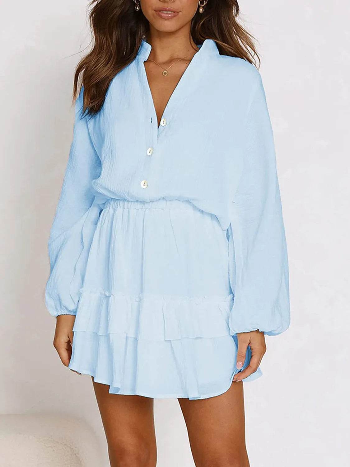 Ruffled Notched Balloon Sleeve Mini Dress - Bona Fide Fashion