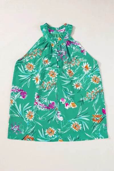 Frill Printed Grecian Tank - Bona Fide Fashion