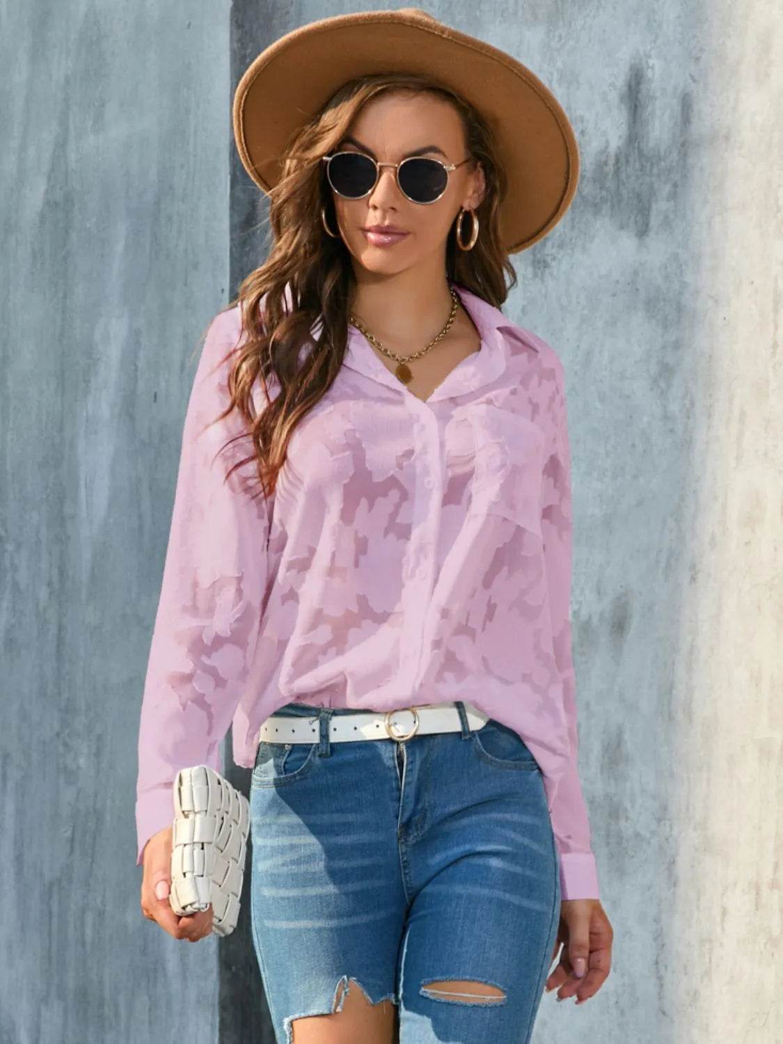 Full Size Collared Neck Long Sleeve Shirt Plus Size - Bona Fide Fashion