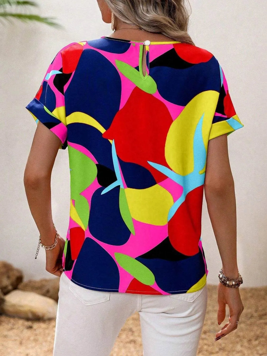 Contrast Round Neck Short Sleeve Blouse - Bona Fide Fashion