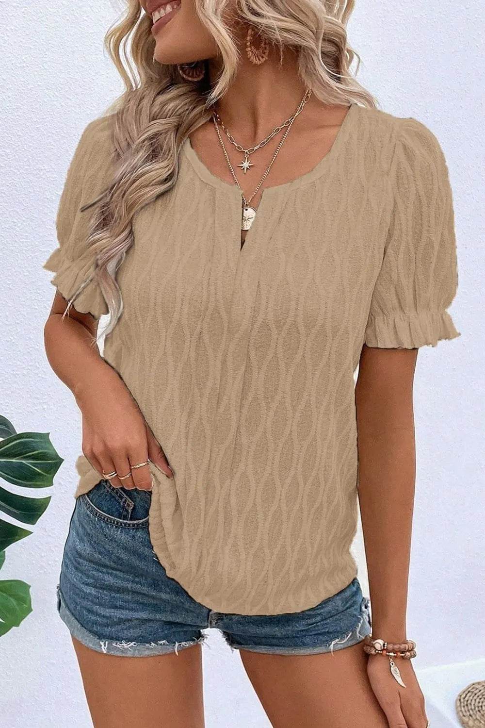 Texture Notched Short Sleeve Blouse - Bona Fide Fashion