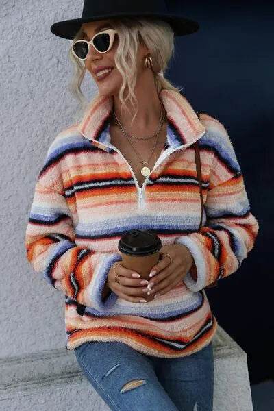 Striped Quarter Zip Dropped Shoulder Sweatshirt - Bona Fide Fashion