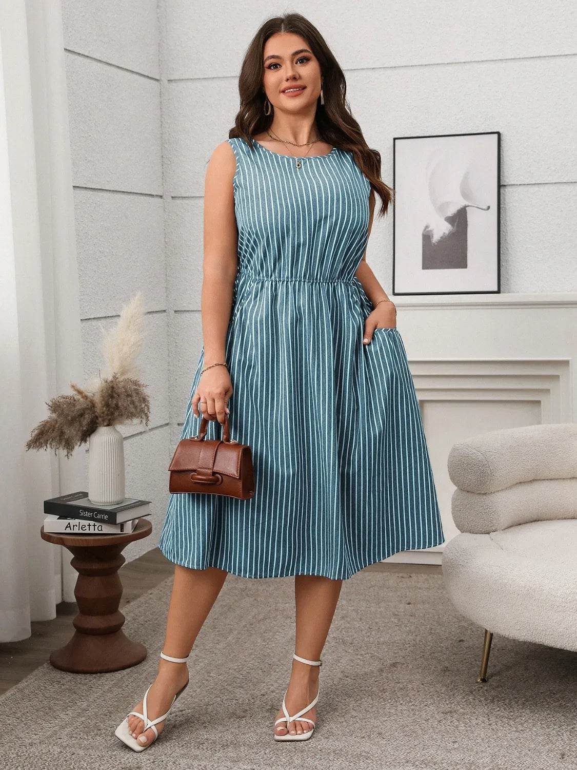 Plus Size Striped Round Neck Sleeveless Dress - Bona Fide Fashion