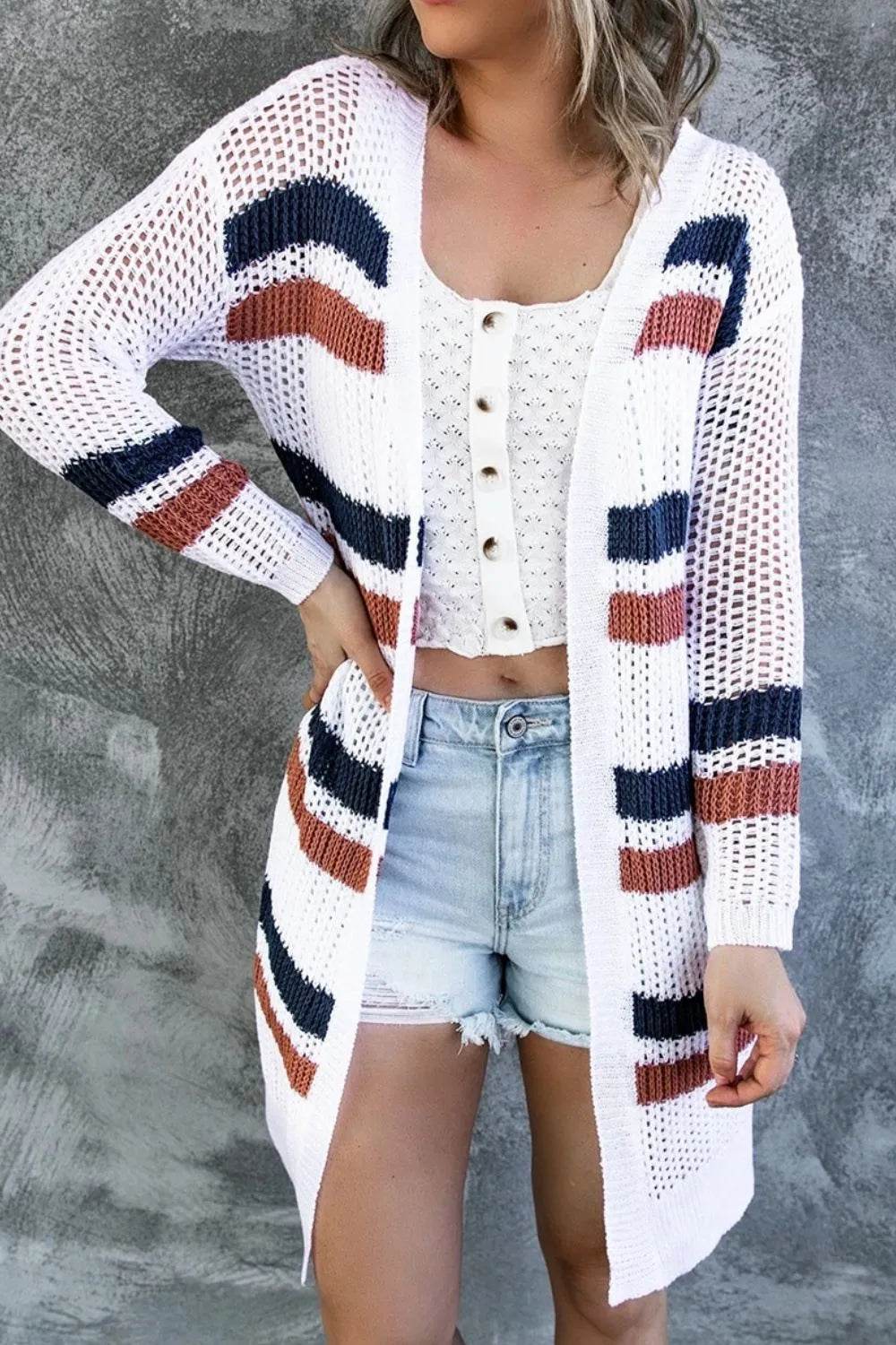 Contrast Openwork Open Front Long Sleeve Cardigan - Bona Fide Fashion