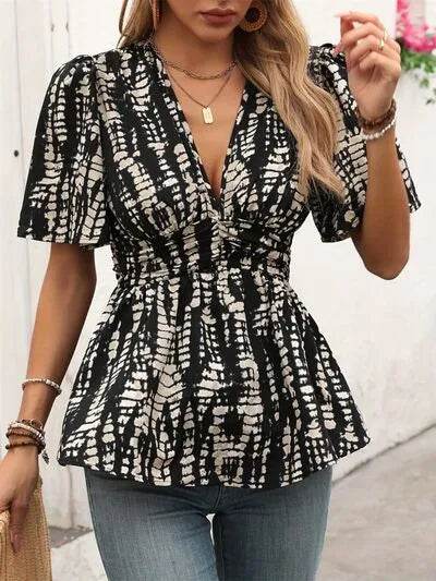 Printed V-Neck Half Sleeve Blouse - Bona Fide Fashion