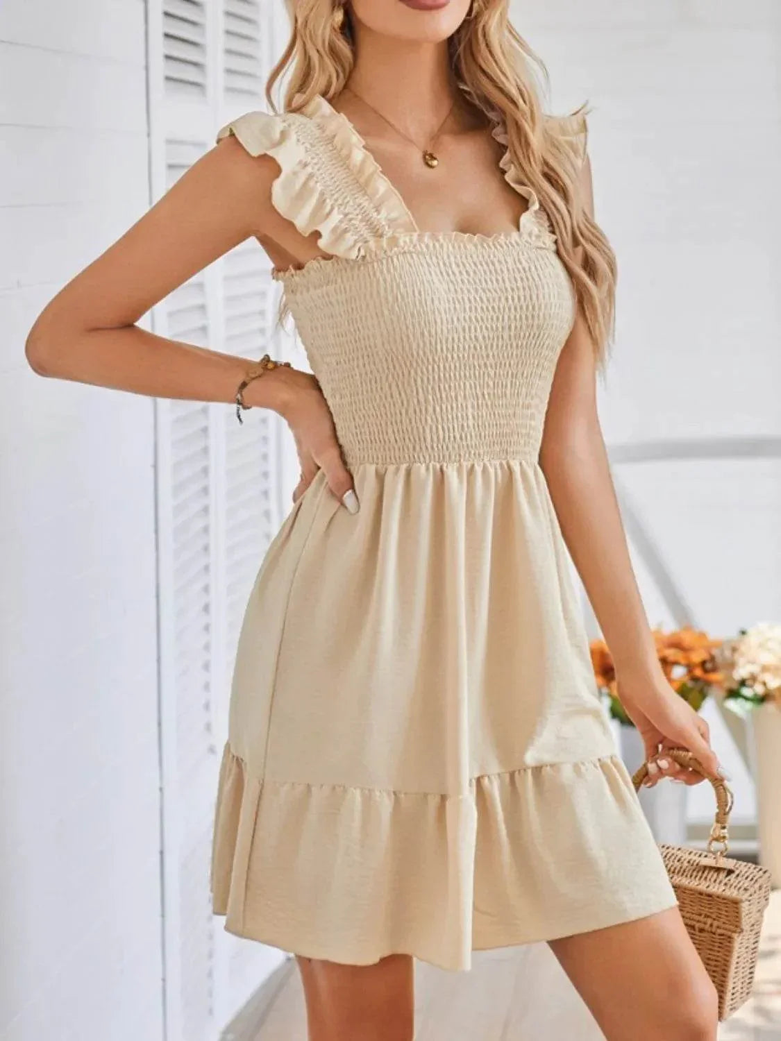 Smocked Square Neck Wide Strap Dress - Bona Fide Fashion