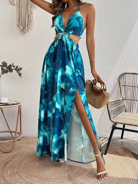 Women's Floral Print Chain Decor Split Thigh Tie Back Cami Dress, Halter Backless Maxi Dress, Beach Vacation Dress H6VE68KF2K - Bona Fide Fashion
