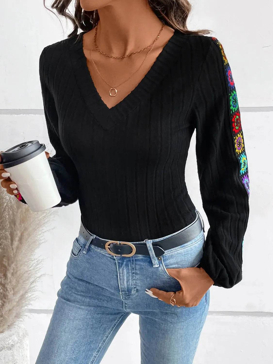 V-Neck Crochet Long Sleeve Top - Bona Fide Fashion