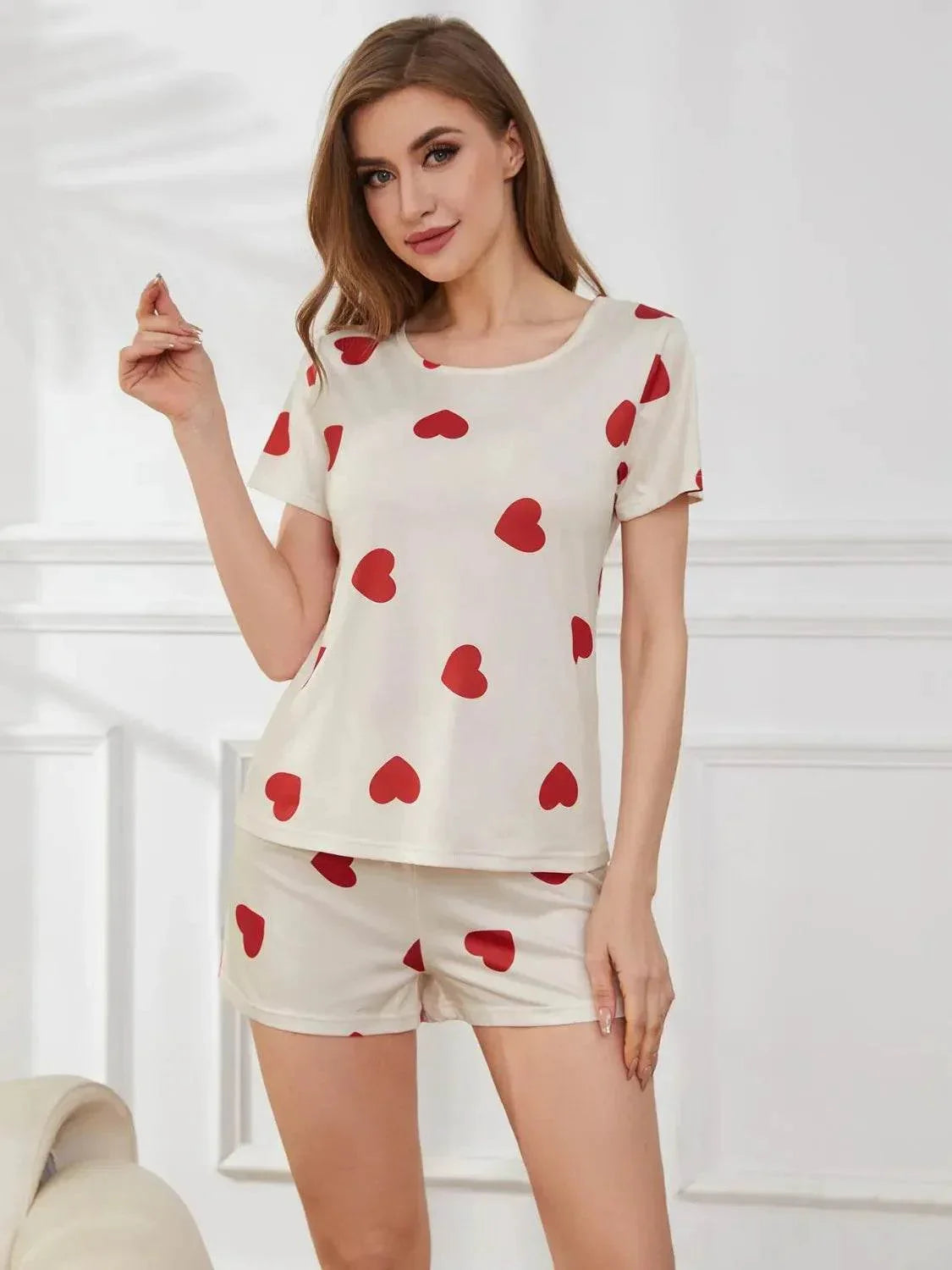 Heart Round Neck and Shorts Lounge Set - Bona Fide Fashion