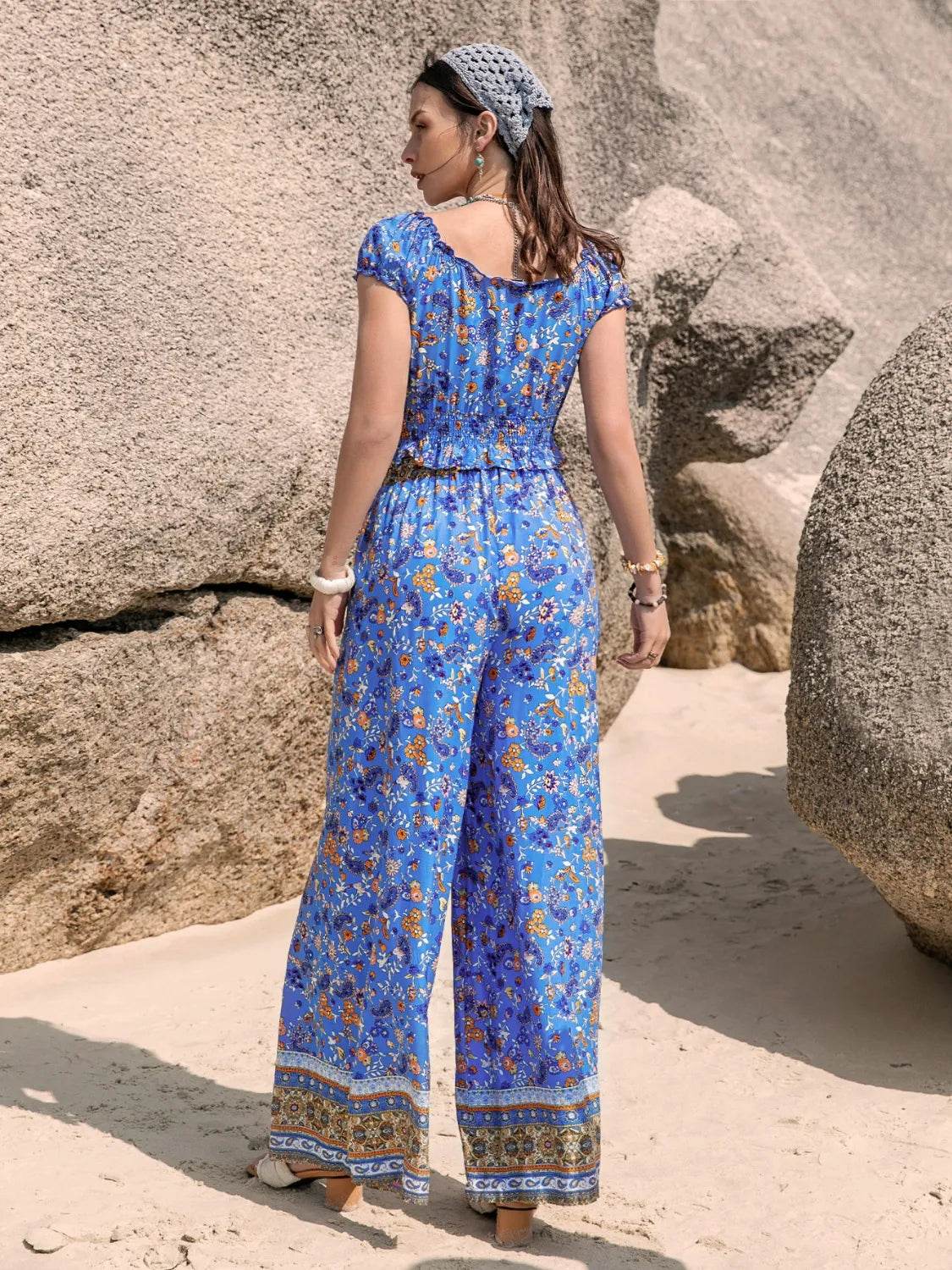 Printed V-Neck Top and Pants Set - Bona Fide Fashion