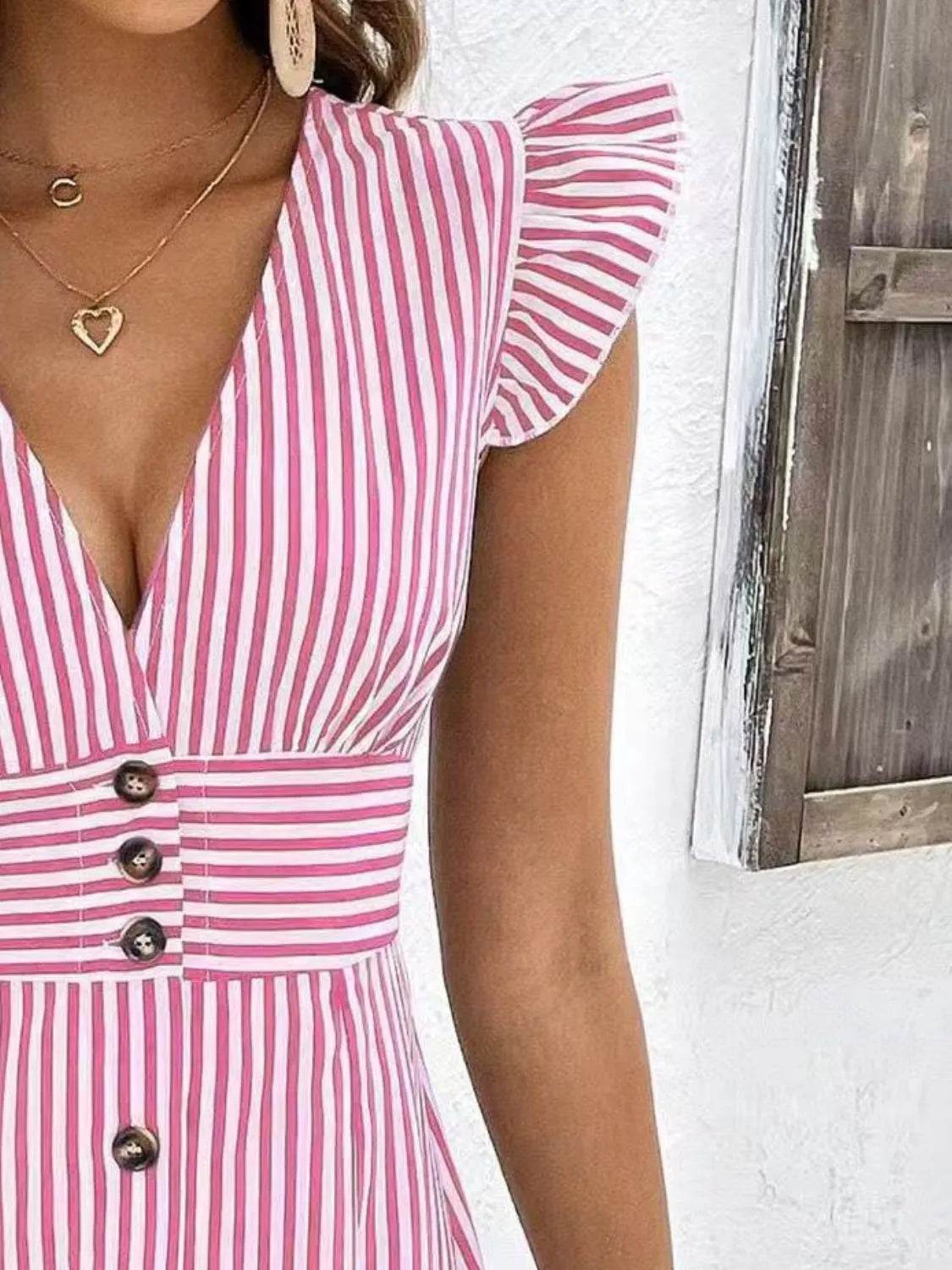 Striped Button Front Cap Sleeve Dress - Bona Fide Fashion