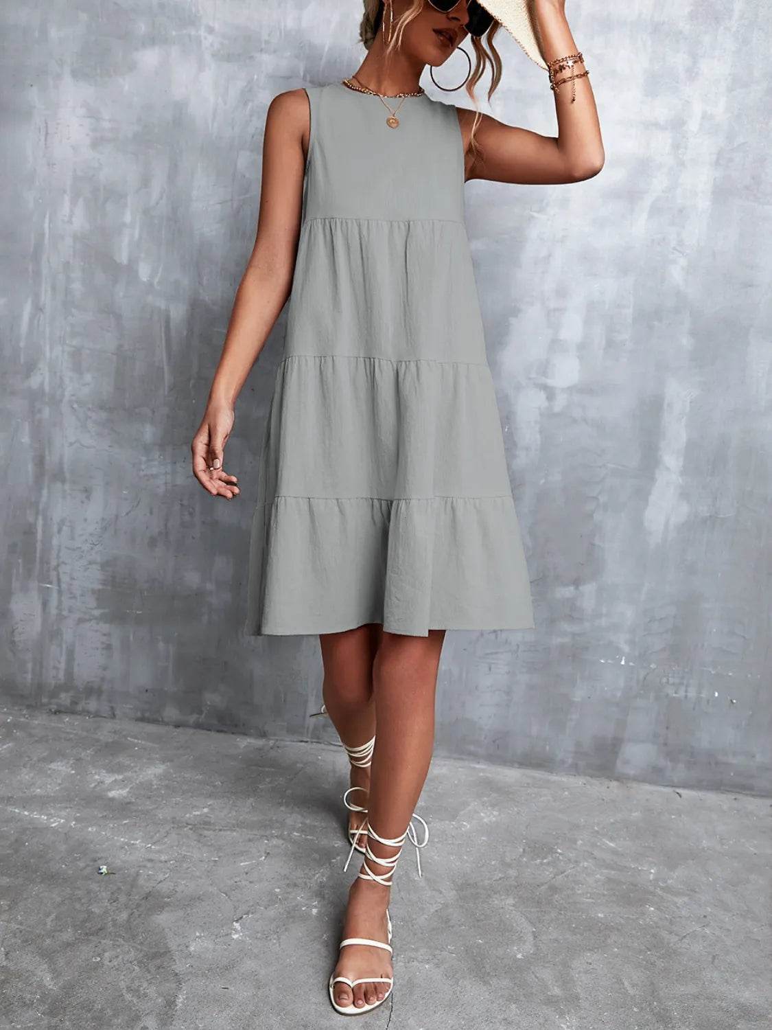 Tiered Round Neck Sleeveless Mini Tank Dress - Bona Fide Fashion
