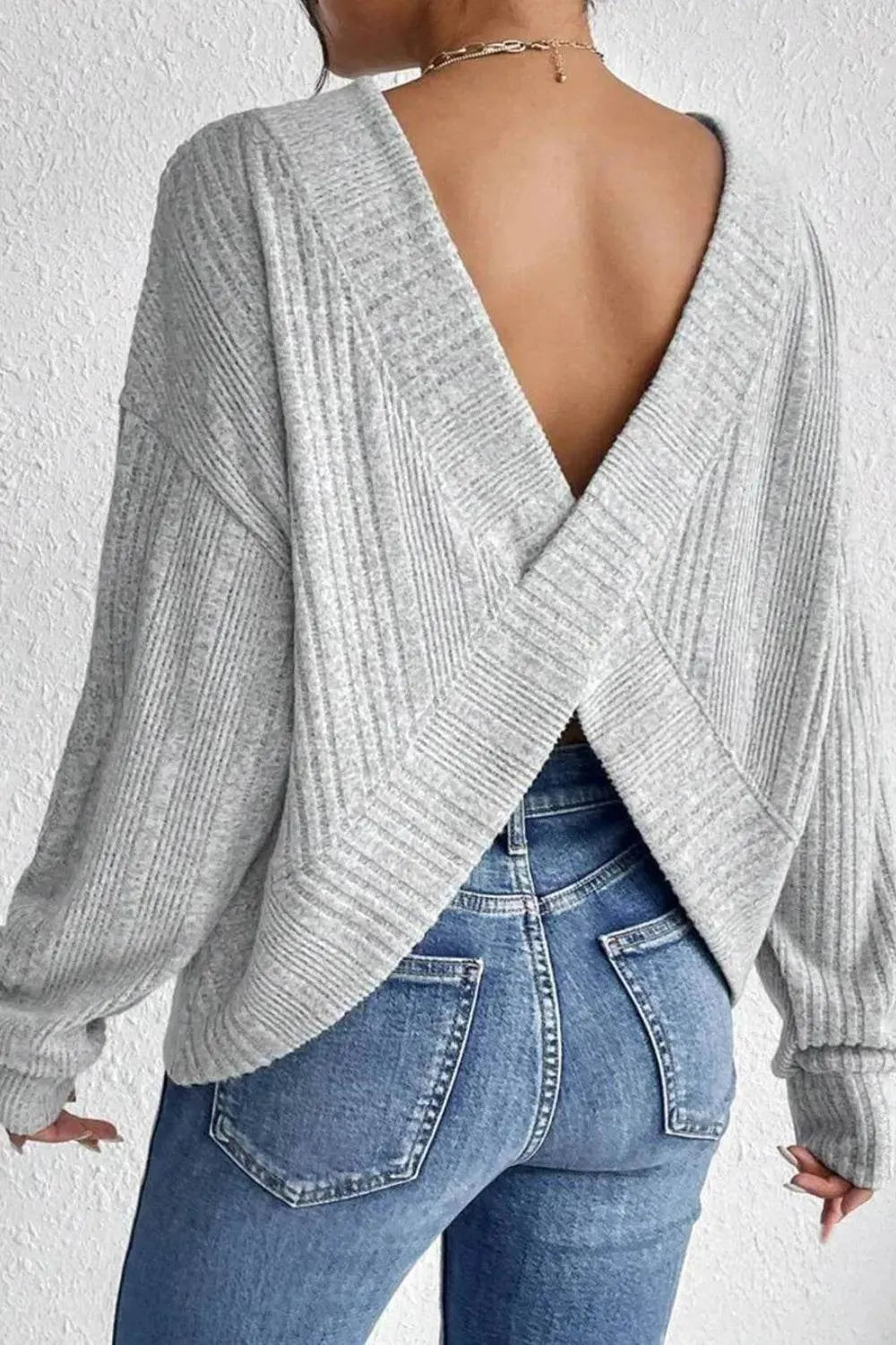 Crossover Backless Long Sleeve Knit Top - Bona Fide Fashion