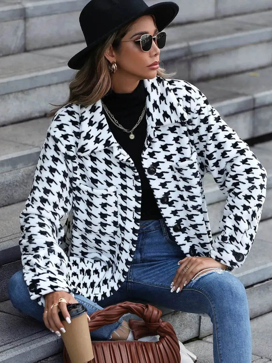 Houndstooth Button Down Jacket - Bona Fide Fashion