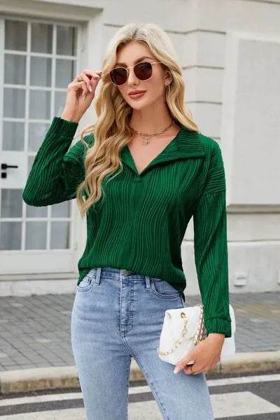 Texture Collared Neck Long Sleeve Blouse - Bona Fide Fashion