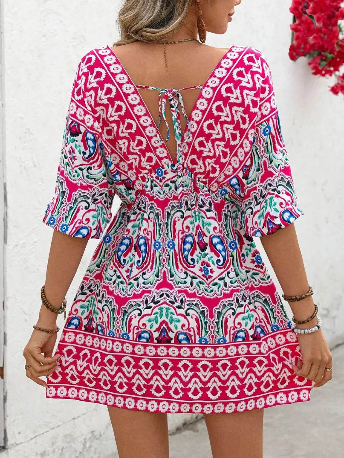 Printed Tie Back Half Sleeve Mini Dress - Bona Fide Fashion