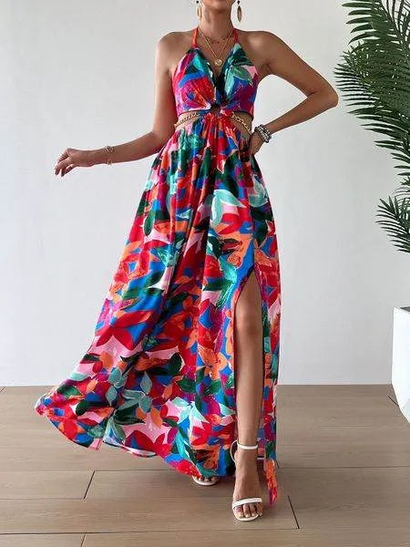 Women's Floral Print Chain Decor Split Thigh Tie Back Cami Dress, Halter Backless Maxi Dress, Beach Vacation Dress H6VE68KF2K - Bona Fide Fashion