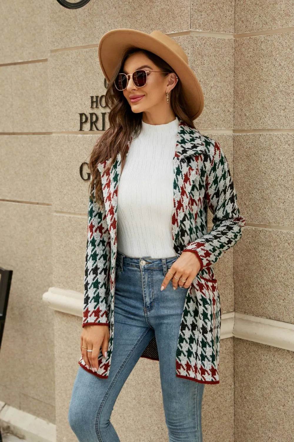 Printed Open Front Lapel Collar Cardigan with Pockets - Bona Fide Fashion