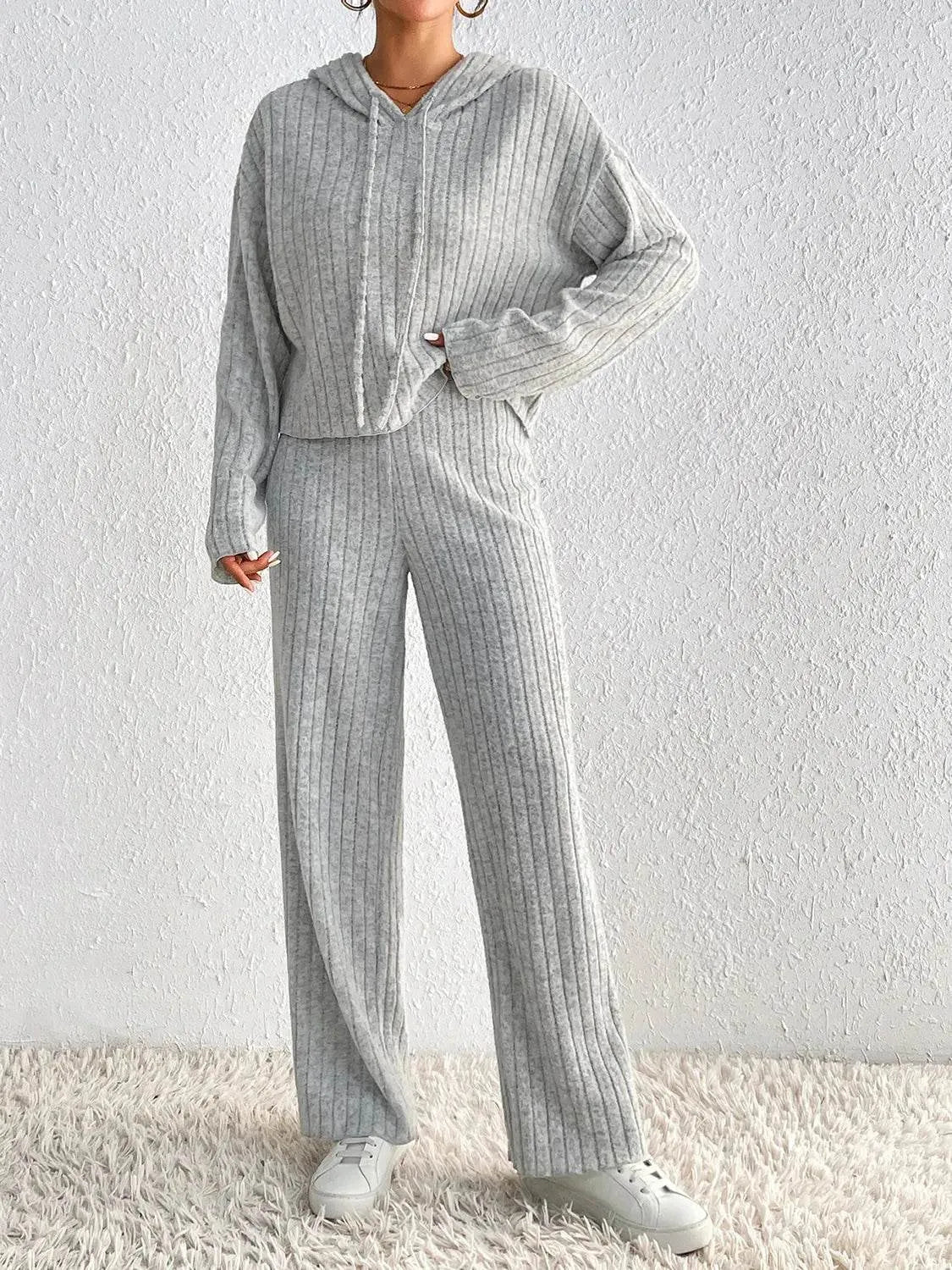 Honey Drawstring Ribbed Hoodie and Straight Leg Pants Set - Bona Fide Fashion