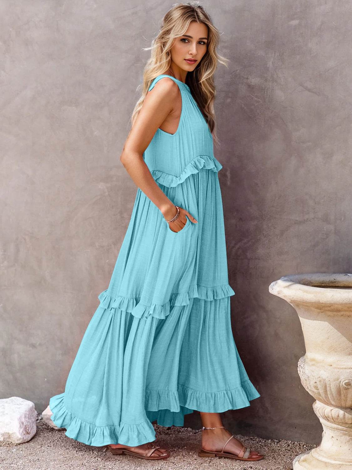 Ruffled Sleeveless Tiered Maxi Dress with Pockets - Bona Fide Fashion