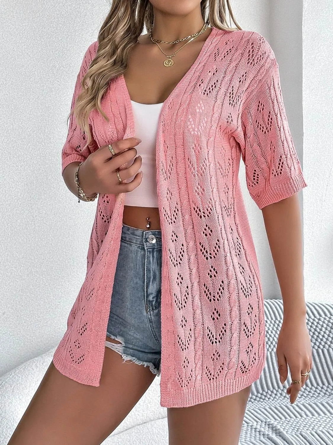 Openwork Open Front Half Sleeve Cardigan - Bona Fide Fashion
