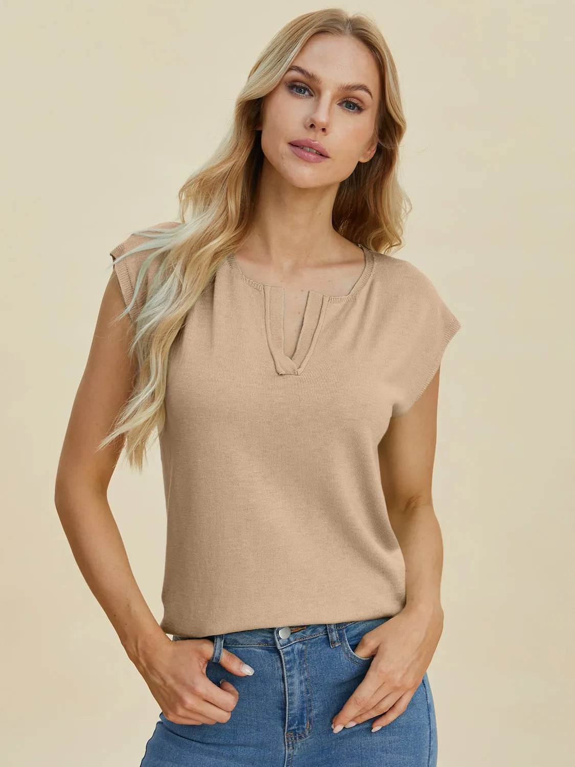 Double Take Full Size Notched Cap Sleeve Knit Top - Bona Fide Fashion