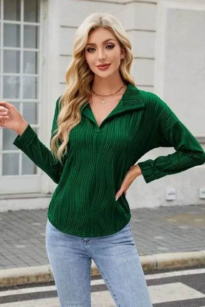 Texture Collared Neck Long Sleeve Blouse - Bona Fide Fashion