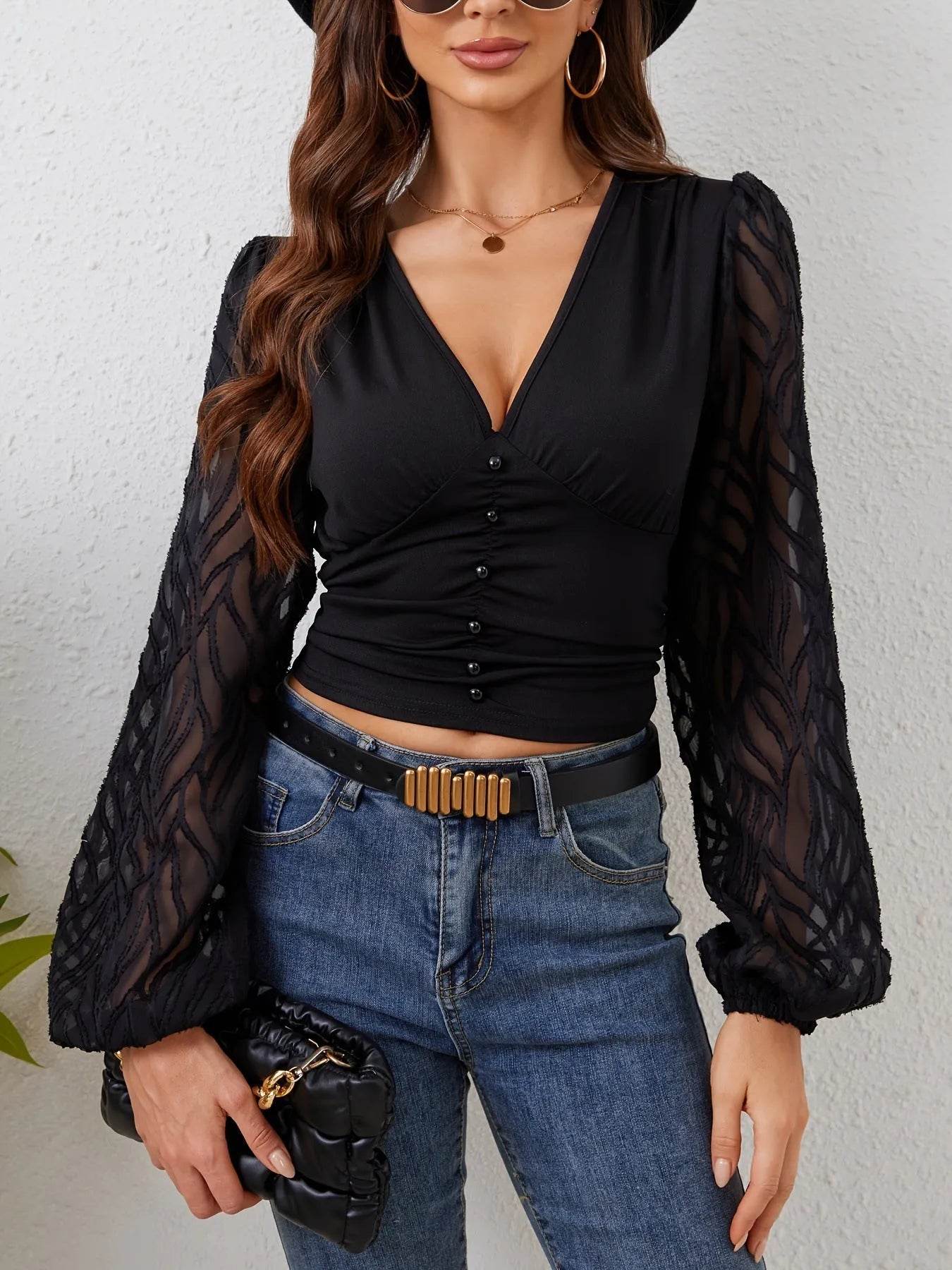 Lace Patchwork Plunge Long Sleeve Blouse - Bona Fide Fashion