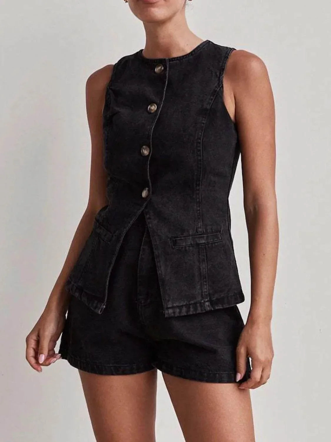 Button Down Vest and Shorts Denim Set - Bona Fide Fashion