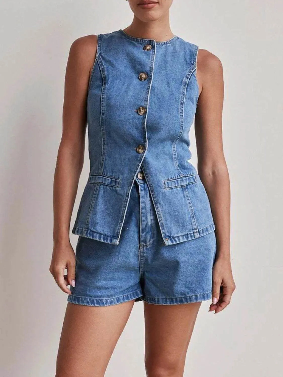 Button Down Vest and Shorts Denim Set - Bona Fide Fashion