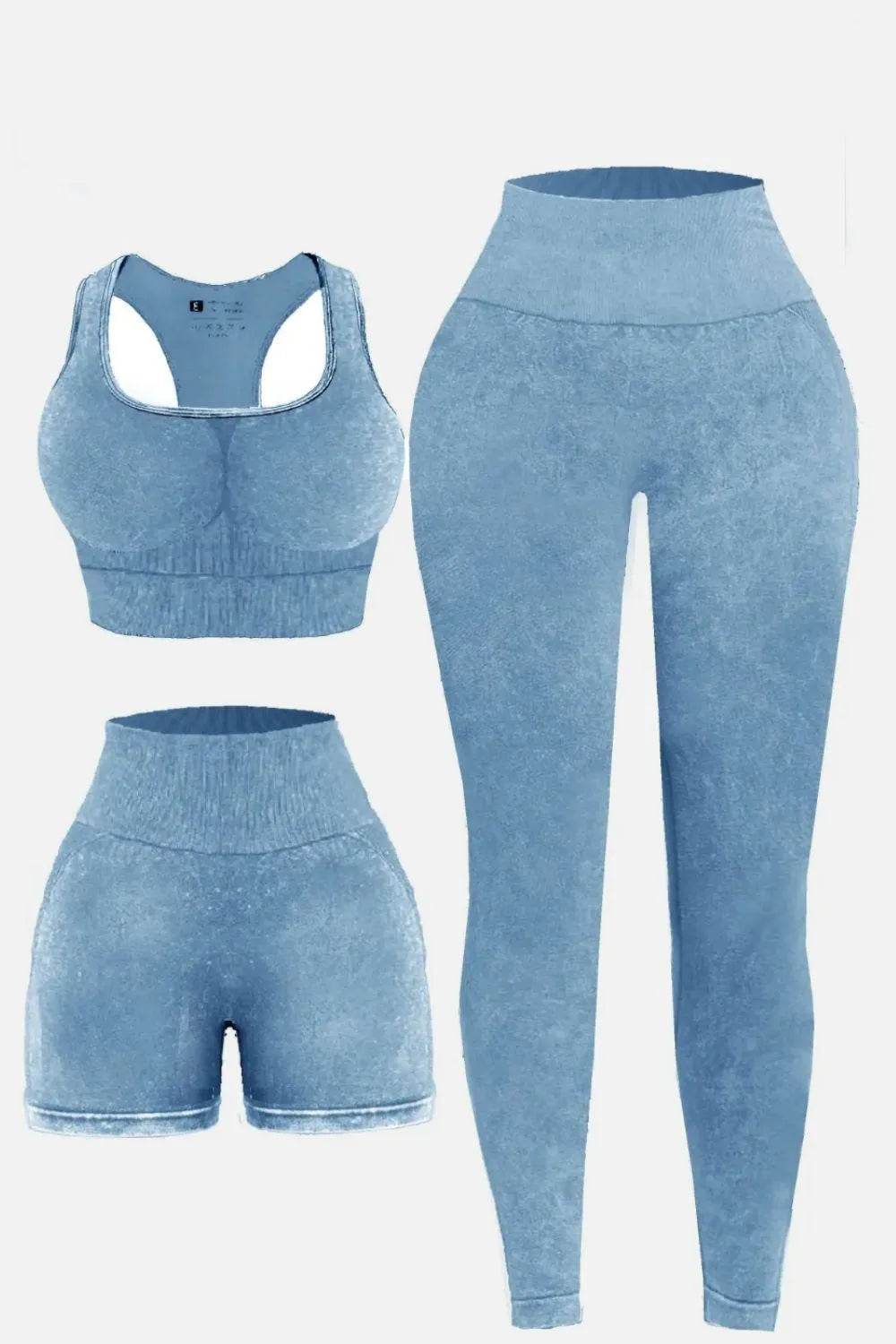 3-Piece Washed Active Set – Square Neck Wide Strap Sports Bra, Leggings & Jacket - Bona Fide Fashion