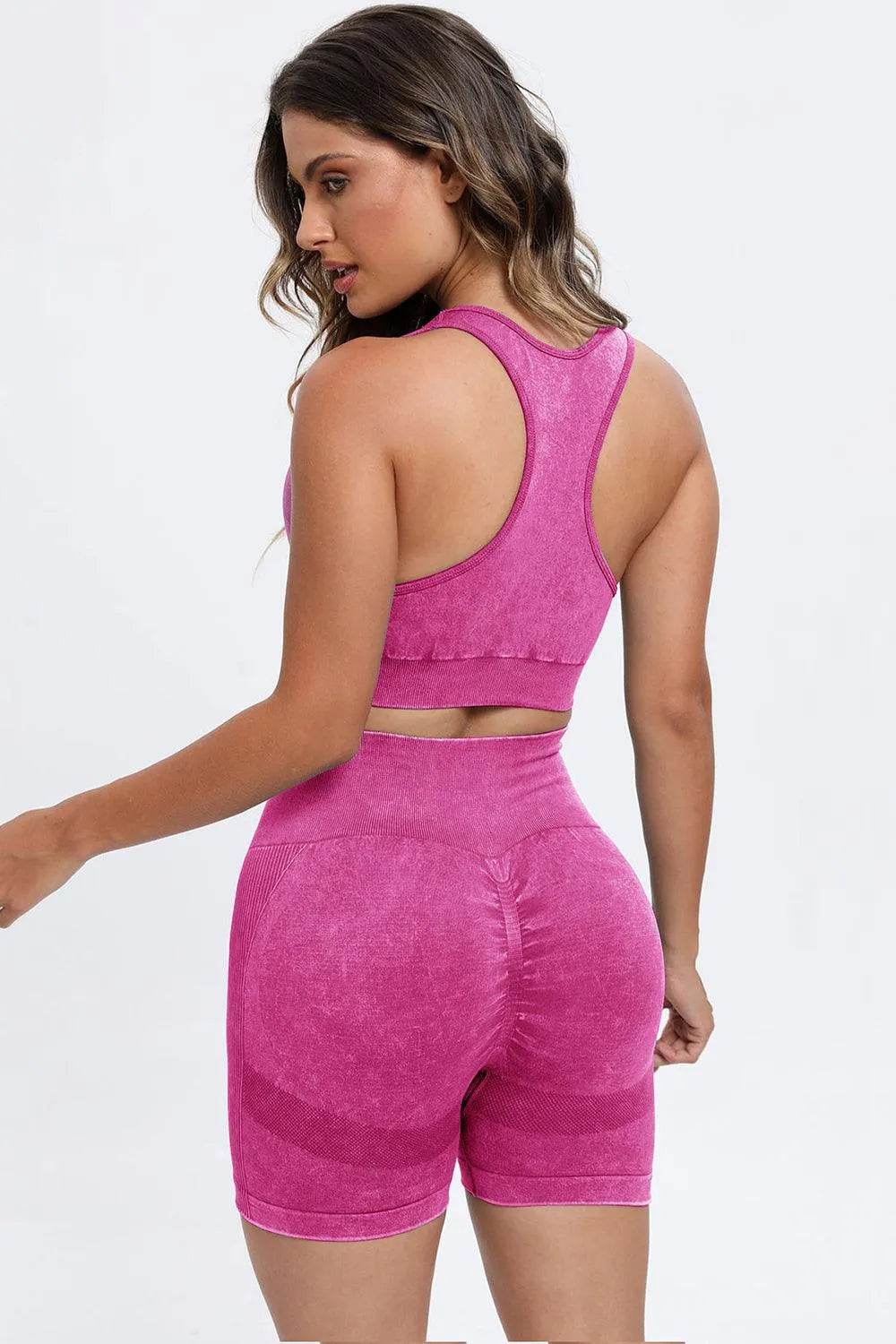 3-Piece Washed Active Set – Square Neck Wide Strap Sports Bra, Leggings & Jacket - Bona Fide Fashion