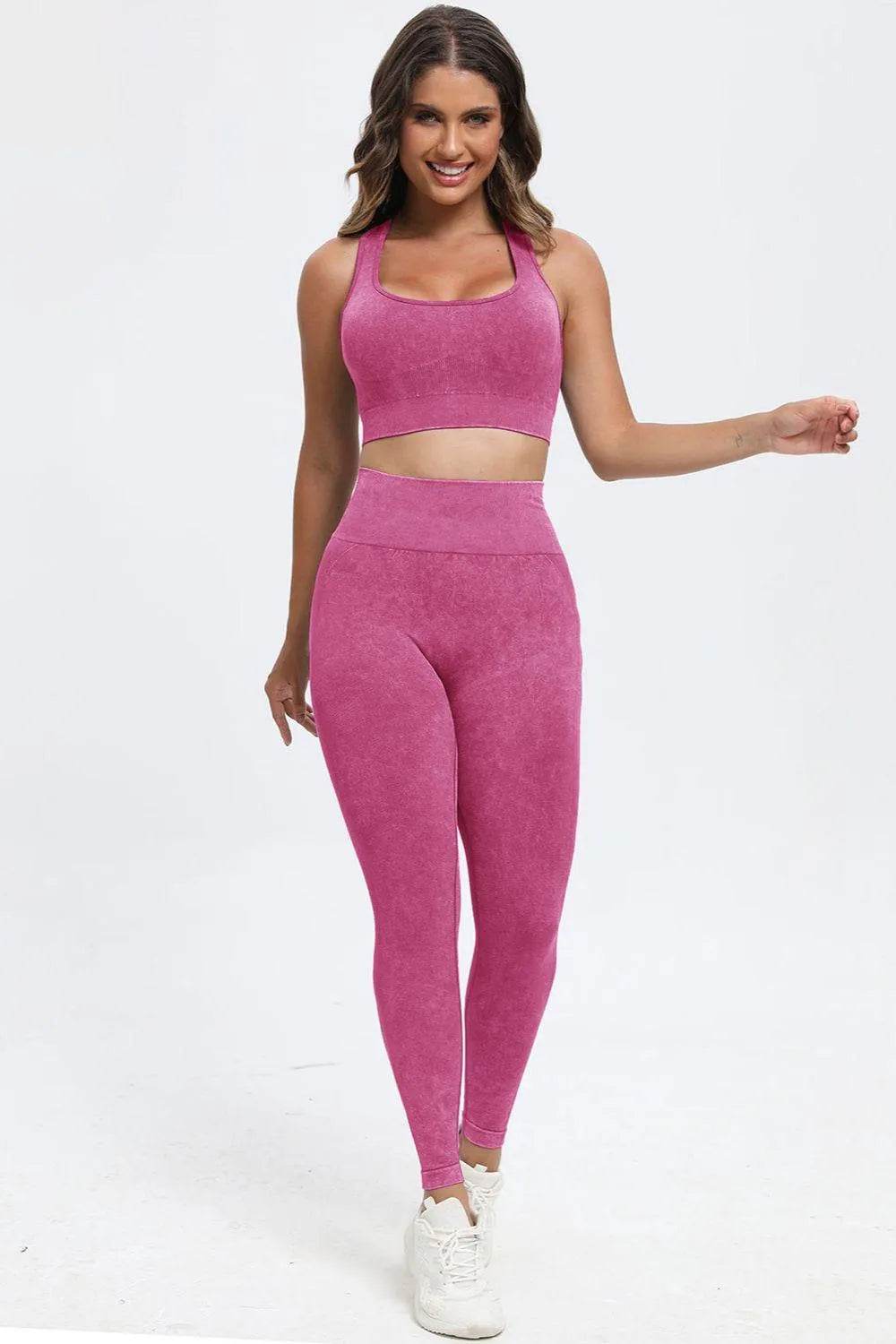 3-Piece Washed Active Set – Square Neck Wide Strap Sports Bra, Leggings & Jacket - Bona Fide Fashion