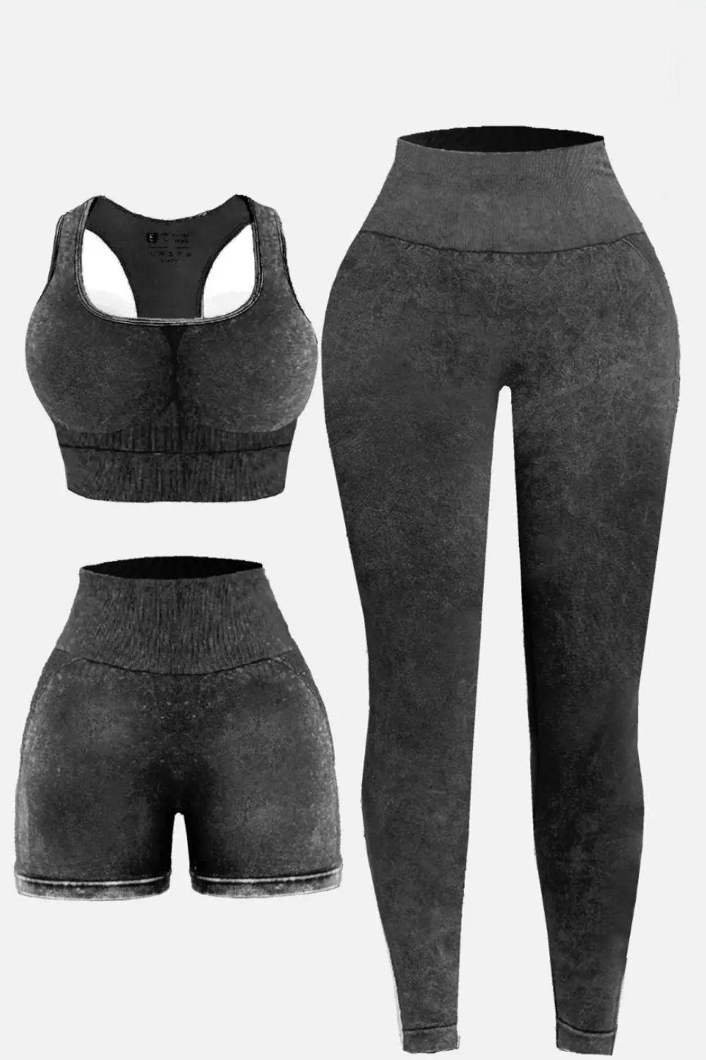 3-Piece Washed Active Set – Square Neck Wide Strap Sports Bra, Leggings & Jacket - Bona Fide Fashion