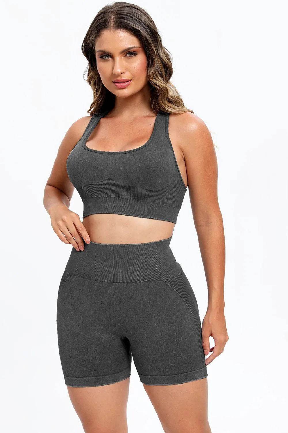 3-Piece Washed Active Set – Square Neck Wide Strap Sports Bra, Leggings & Jacket - Bona Fide Fashion
