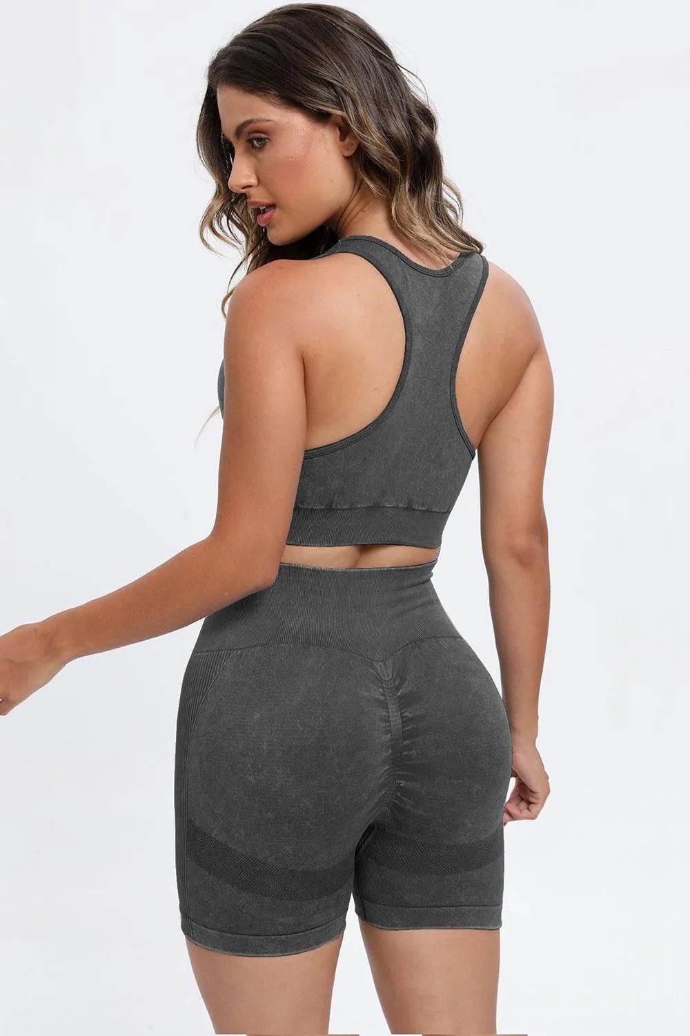 3-Piece Washed Active Set – Square Neck Wide Strap Sports Bra, Leggings & Jacket - Bona Fide Fashion