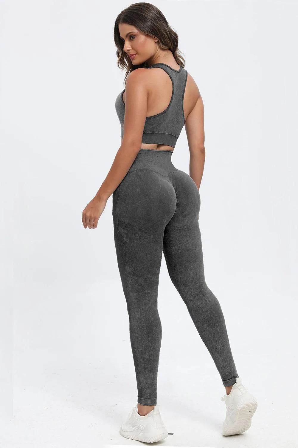 3-Piece Washed Active Set – Square Neck Wide Strap Sports Bra, Leggings & Jacket - Bona Fide Fashion