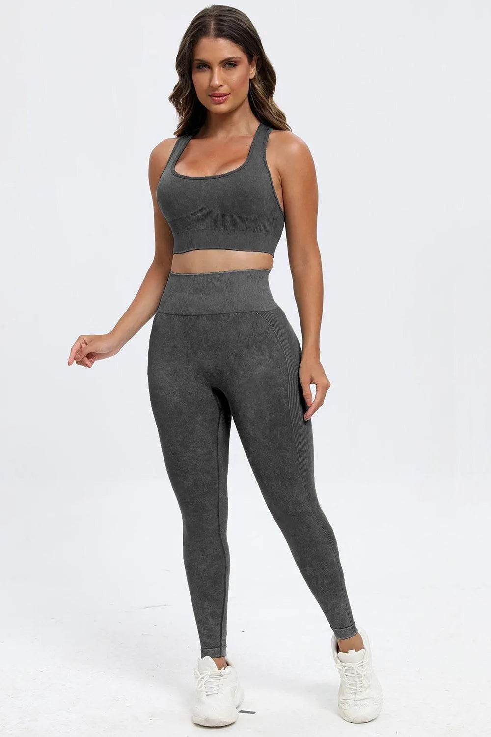 3-Piece Washed Active Set – Square Neck Wide Strap Sports Bra, Leggings & Jacket - Bona Fide Fashion