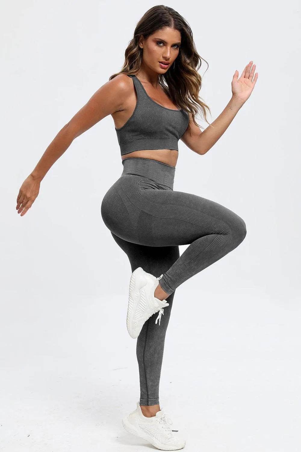 3-Piece Washed Active Set – Square Neck Wide Strap Sports Bra, Leggings & Jacket - Bona Fide Fashion